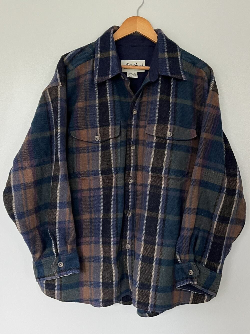 Eddie Bauer Men’s L Blue Green Plaid 80% Wool Flannel Shirt Jacket